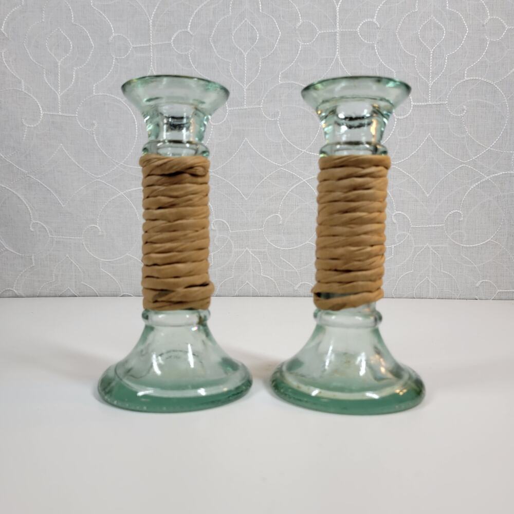 Vintage Glass Wrapped‎ Twine Candlestick Holders Rustic Primitive Home Decor